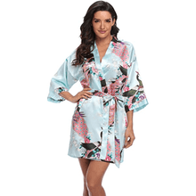 Load image into Gallery viewer, Flora and fauna inspired print belted satin kimono sleep robe - Purple Eggshells!