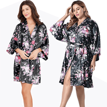 Load image into Gallery viewer, Floral print belted satin kimono sleep robe - Purple Eggshells!