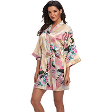 Load image into Gallery viewer, Flora and fauna inspired print belted satin kimono sleep robe - Purple Eggshells!