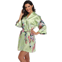 Load image into Gallery viewer, Flora and fauna inspired print belted satin kimono sleep robe - Purple Eggshells!