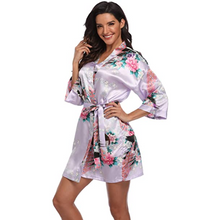 Load image into Gallery viewer, Flora and fauna inspired print belted satin kimono sleep robe - Purple Eggshells!