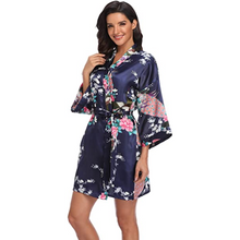 Load image into Gallery viewer, Flora and fauna inspired print belted satin kimono sleep robe
