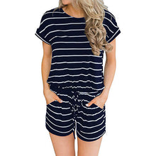 Load image into Gallery viewer, Striped print drawstring waist romper with pocket - Purple Eggshells!