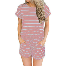 Load image into Gallery viewer, Striped print drawstring waist romper with pocket - Purple Eggshells!
