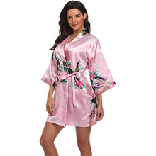Load image into Gallery viewer, Flora and fauna inspired print belted satin kimono sleep robe - Purple Eggshells!