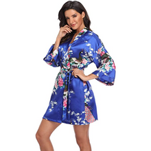 Load image into Gallery viewer, Flora and fauna inspired print belted satin kimono sleep robe - Purple Eggshells!