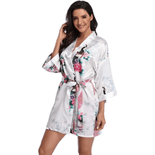 Load image into Gallery viewer, Flora and fauna inspired print belted satin kimono sleep robe
