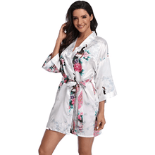 Load image into Gallery viewer, Flora and fauna inspired print belted satin kimono sleep robe - Purple Eggshells!