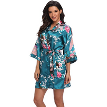 Load image into Gallery viewer, Flora and fauna inspired print belted satin kimono sleep robe